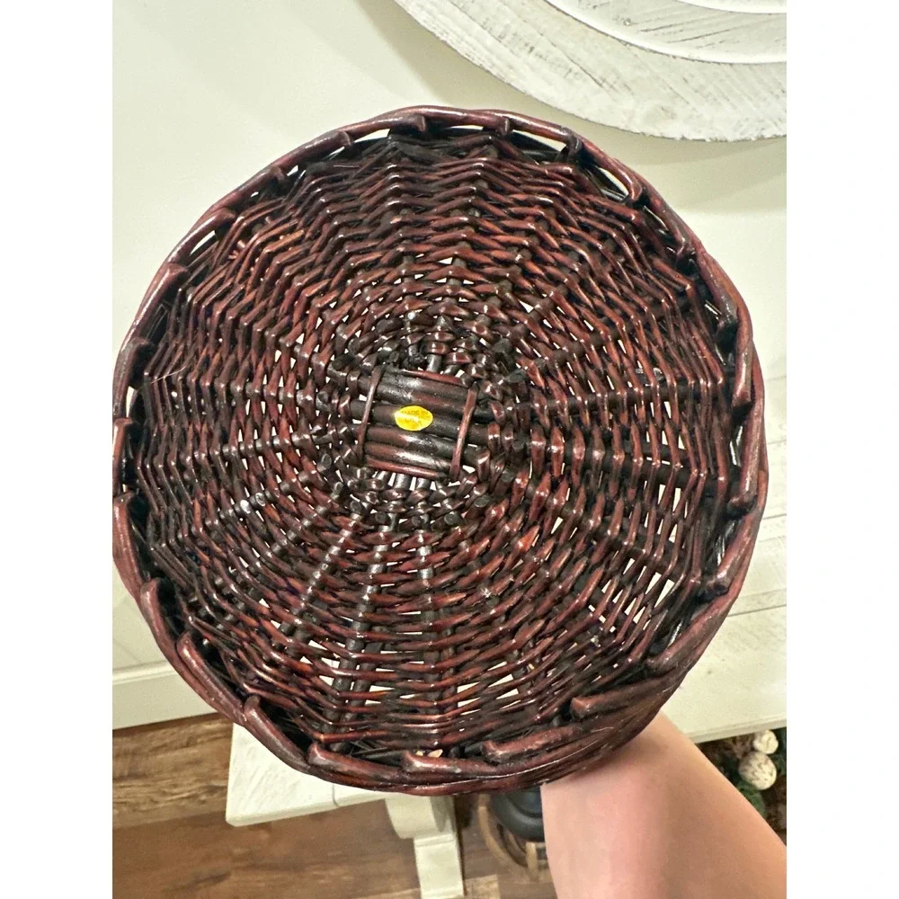 Dark Brown Woven Wicker Basket with Twisted Handle Round Decorative Storage